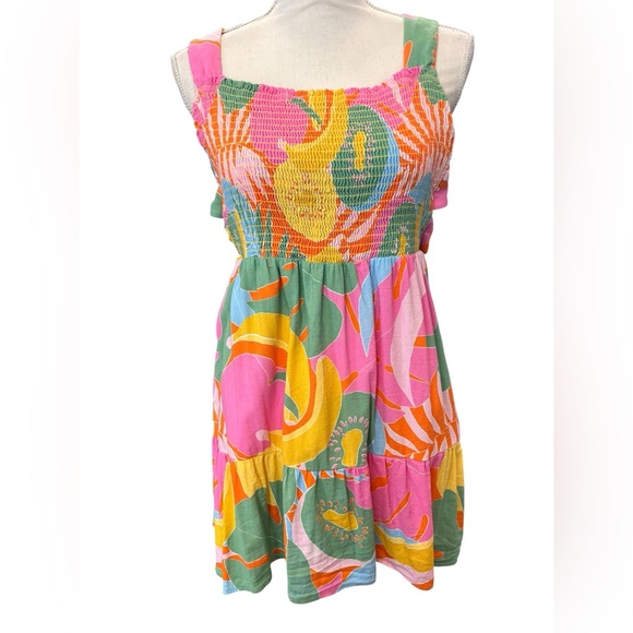 Show Me Your Mumu Tropical Smocked Criss Cross Back Mini Dress M - Picture 2 of 8